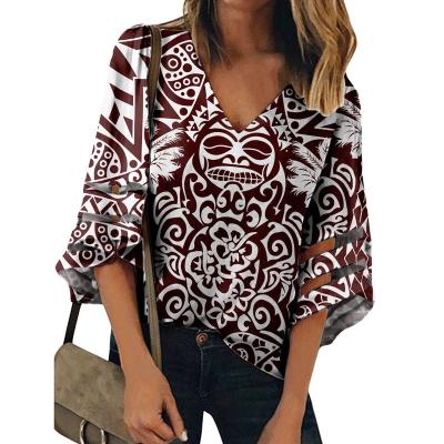 China Traditional Hawaiian Samoan Polynesian triangle anti-pilling tribal fabric printed chiffon blouses for ladies Plumeria design women clothing for sale