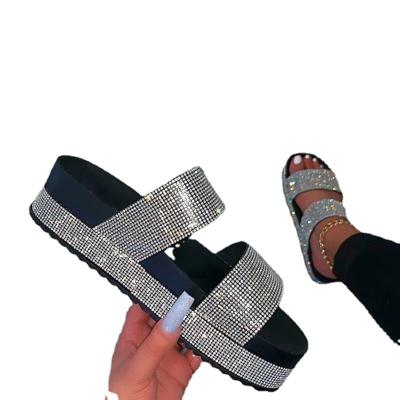 China Fashion Trend Summer Fashion Ladies Sandals Solid Color Open Toe Rhinestone Waterproof Platform Women's Flat Slippers for sale