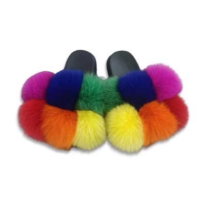 China 2022 Trend Fashion Fluffy Rainbow Women Fur Slippers Hot Selling Colorful Home Slides Outdoor Fashion Real Fox Fur Cloud One Slippers Hot for sale