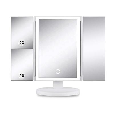 China Led Lighted Fashion Cosmetic Mirror Trifold Foldable Desktop Lighted Makeup Mirror For Girl for sale