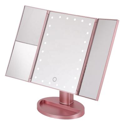 China Amazon Success Lighted Vanity Led Travel Makeup Mirror Desktop Lighted Triple Magnified Make Up Mirror With Lights for sale