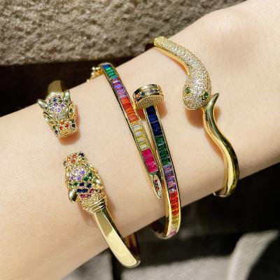 China Vintage Fashion 18K Gold Plated Shiny Luxury Colorful Pave Cubic Zirconia Stone Snake Cuff Bracelet Bangle Key Jewelry For Women Jewelry for sale