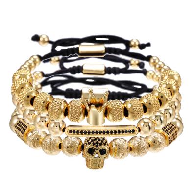 China TRENDY Punk 3Pcs Black Metal Adjustable Pave Rhinestone Skull Handmade Beaded Bracelet Sets Jewelry Wholesale For Men for sale