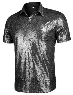 China Disco anti-pilling shiny sequins sleeve short turn-down sparkle nightclub party polo T-shirt tops S-XXXL for sale