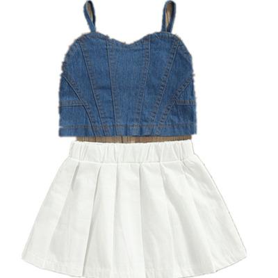 China Toddler Kids Girls Casual Clothes Sets Blue Denim 2PCS Strap Sleeveless Vest Tops Solid Pleated Skirts for sale