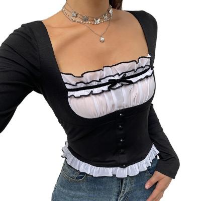 China QUICK DRY Vintage Women's Vintage Sweet Cute Crop Tendril Bow Lace Tops Collar T-Shirt Ladies Square Collar Women Peel Button Tees for sale