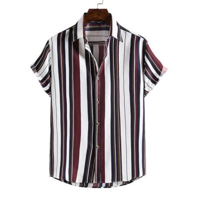 China Anti-Shrinkage Men Striped Print Turn Collar Breast Shirt Down Sleeve Simple Short Male Casual Shirt Leisure for sale