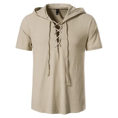 China Renaissance Mens Solid Medieval Shirt Anti Shrink Pirate Male Short Sleeve Lace Up Henley Shirt Men Hooded Shirt for sale