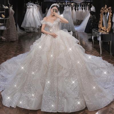 China Ldy 2021 Bling Wedding Dress Anti-static Wholesale Wedding Dresses Ruffles Backless Off The Shoulder Wedding Gowns for sale