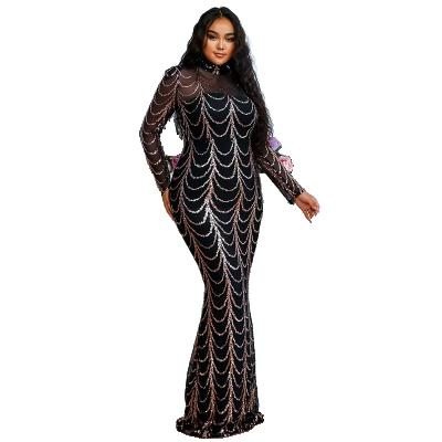 China Autumn Winter Women Plus Size Long Dress Anti-Static Hip Wra Sequin Dress Perspective Tulle Long Sleeves Bodycon Cocktail Dresses for sale