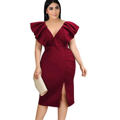 China wholesale Anti-wrinkle new designs women's ruffles plus size red v-neck ruffle birthday party dress women's red club dress for sale