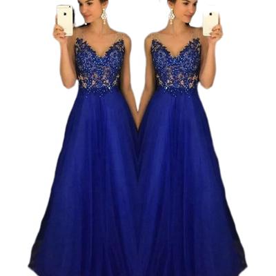 China Anti-Wrinkle Deep V-Neck Applique Bead Lace Up Sleeveless Women Maxi Evening Dresses Formal Dress Gown for sale