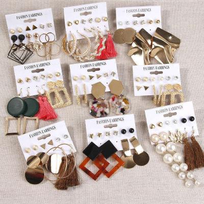 China TRENDY acrylic pearl earrings mixed designs drop long earrings leopard tassel stud earrings set for women fashion jewelry for sale