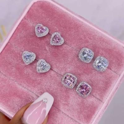 China FASHIONABLE Heart Square Shaped Silver And Pink Zircon Diamond Stud Earrings for sale