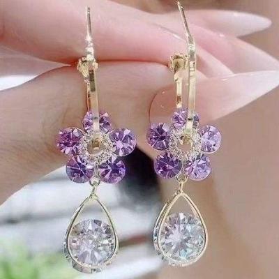 China FASHIONABLE Silver S925 Needle Crystal Flower Earrings Amethyst Diamond Earring Charm Purple Zircon Dangle Earring for sale