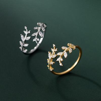 China CLASSIC Cute Women Ring S925 Sterling Silver Leaf Adjustable Finger Design 18K 925 Gold Plating for sale