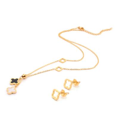 China TRENDY 18K Gold Plated Stainless Steel Designer Inspired Four Leaf Clover Necklace Earrings Jewelry Set For Women for sale