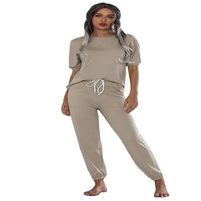 China Women's Solid Color Breathable Bubble Sleeve 2 Pieces Set Women Summer Short Sleeve Leisure Suit And Pants Clothing for sale