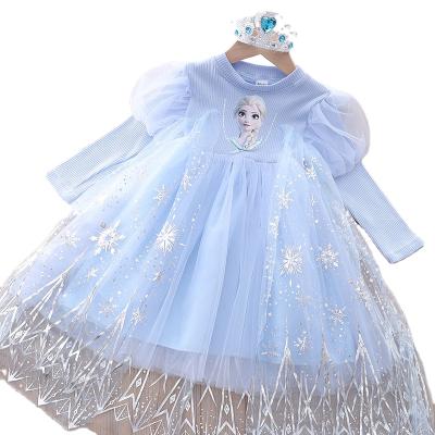 China 2021 Autumn Fashion Girls Cartoon Viable Dress Elsa Princess Dresses Kids Long Sleeve Mesh Costume Crown+Magic Wand Girl Clothes for sale