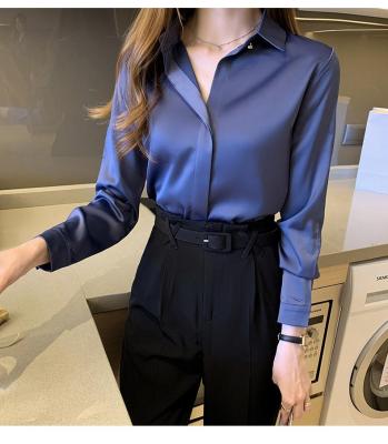 China White Breathable Ladies Shirt Women Long Sheath Shirts Lady Satin Silk Blouse Office Shirt Tops Plus Size Women Basic Shirt Tops for sale