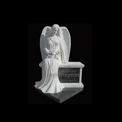 China Factory Price EUROPEAN Hand Carved Angel Statue With Flowers Memorial Tombstone Marble Sitting Headstone for sale