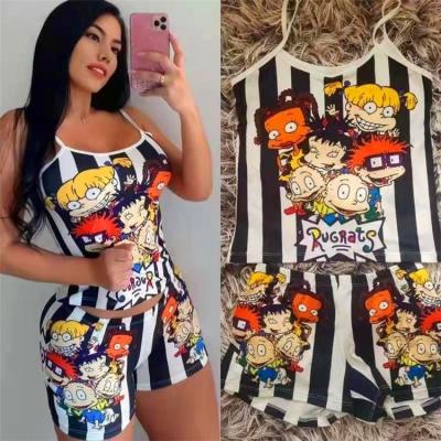 China Wholesale QUICK DRY S-2XL Women Sleepwear Custom Printed Cartoon Ladies Pijamas Satin Top And Shorts Women Sleepwear Set for sale