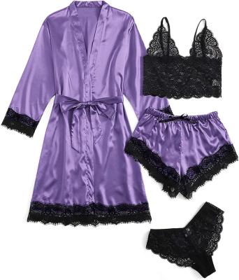 China Women's Breathable Sleepwear Lace Trim Floral Satin Cami Bathrobe Pajamas With Allure Long Robe Set Sexy Nightgown For Honeymoon Nightgowns for sale