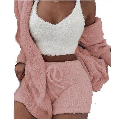 China Wholesale Ladies Anti-pilling Plush Casual 3 Piece Tracksuit Pajamas Long Sleeve Cardigan Invest Short Panty Women Party Sweater Set for sale