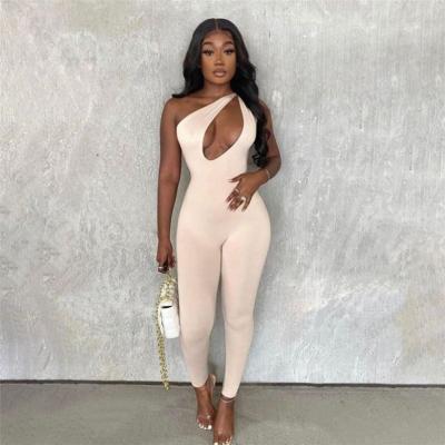 China Wholesale Breathable Jumpsuits Solid One Shoulder Romper Bodycon Stretch Tights One Piece Hollow Out Pants Overalls Sleeveless Jumpsuits for sale