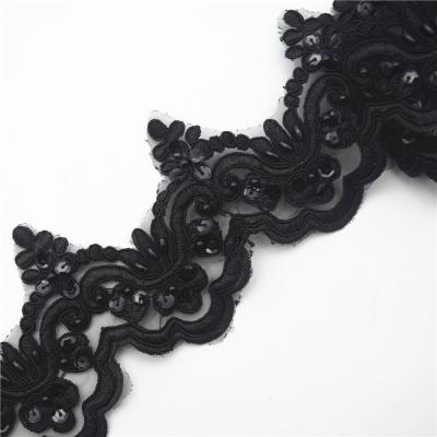 China MOQ Viable Black Wide Small Flower Beaded Wedding Lace Trim Mesh Flower Lace Trim For WEDDING Decoration 6CM for sale