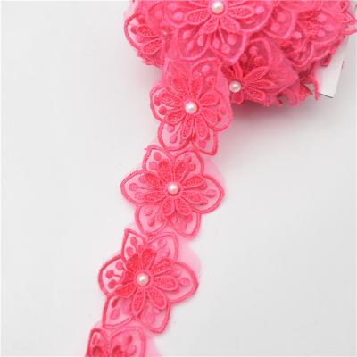 China Sustainable Wholesale Beaded Fabric Lace Trimming 3D Fabric Flower Lace Trim For Dress Blouse for sale