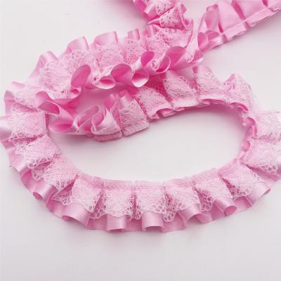 China 40yards 2.5cm workable satin add lace to ruffle double ribbon lace trim pleated band dress doll dress and girl clothes for sale