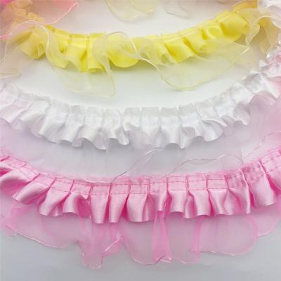 China 30yards Vintage Ruffle Satin Lace Edge Sturdy Trim Pleated Ribbon Fabric Edge 2.16