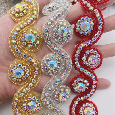 China Wholesale Crystal Rhinestone Beaded Trim Rhinestone Flatback Applique Iron On Craft Bridal Dress Wedding DIY for sale