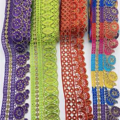 China Wholesale African Rhinestone Lace Trim Pattern Metallic Embroidered Lace Trim With 8CM Wide for sale