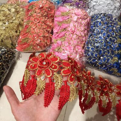 China Sustainable Floral Flower Lace Polyester 3D Lace Trim With Pearl Beads Rhinestone Trimming for sale