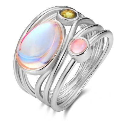 China Creative Copper Plated 24k Gold Inlaid Oval Colorful Moonstone Shell Ring Wholesale for sale