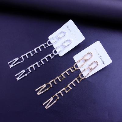 China 2021 Fashion Queen Long Diamond Letter Queen Earrings Shiny Environmental Friendly Hiphop Jewelry for sale