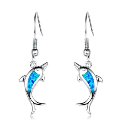 China Unique Design Copper Earrings Women White Gold Dolphin Drop Earrings Jewelry Cute Fire Opal Earring for sale