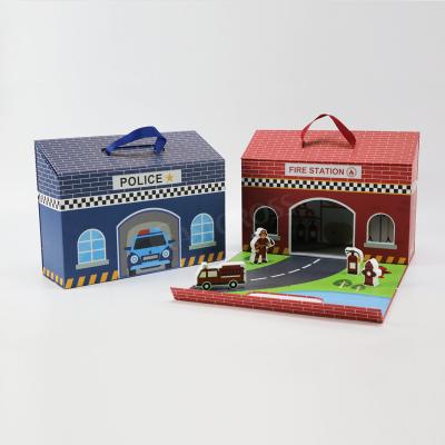 China Children's Handmade Toy Suitcase House Shape Paper Wooden Suitcase Packing Box Toy Ribbon Handle for sale