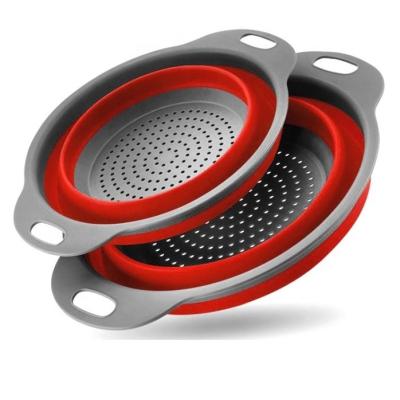 China Silicone 2 Round Kitchen Strainer Viable Basket Collapsible Colander Set For Vegetable And Fruit for sale