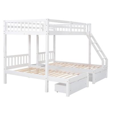 China Modern custom heavy duty bed frames with wooden slats, drawers, ladder, guardrails, twin separable triple bed above full bunk bed for 3 children for sale