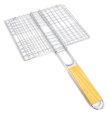 China Dustproof Outdoor Camping Barbecue Accessories GRILL Wire Mesh Grilling Basket With Wooden Handle for sale