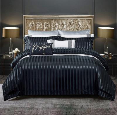 China 85gsm Width 3cm Breathable Ready Stripe Silk Hand Feel 285cm Hand Satin Stock Jacquard Black Fabric For Bed Linen Sheet Set for sale