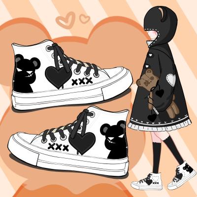 China Fashion Trend Designers Sneakers Lovely Cute Kawaii Bear Hand Painted Canvas Shoes Girls Students High Top Woman Vulcanize Shoes Wholesale for sale