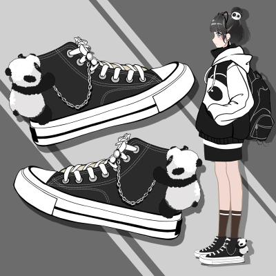 China Fashion Trend Cute Anime Panda Sneakers for Girls Students Teens Unisex Black High Tops Canvas Shoes Female Woman Vulcanize Shoes for sale