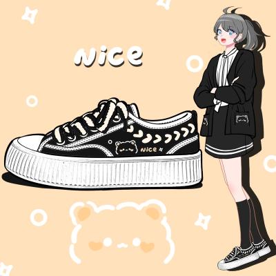 China Fashion Trend Lovely Anime Bear Black Canva Shoes Girls Students Casual Flatform Chunky Retro Plimsolls Tennis Female Women Low Top Sneakers for sale