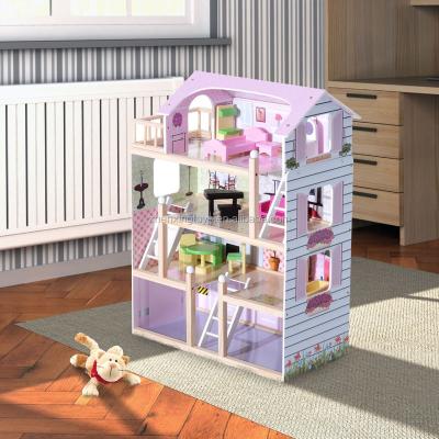 China Educational mini size kids wooden dollhouse toy with furniture for sale