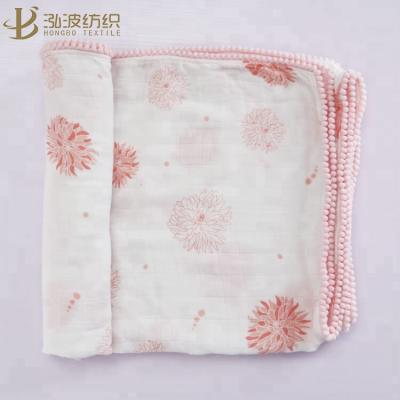 China PORTABLE Pink Chrysanthemum Pompom Trim Baby Muslin Bamboo Blanket for sale