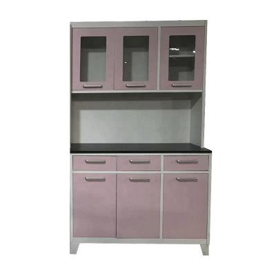 China Cheap modern pink sheet steel kitchen furniture metal sideboard design with steel feet kitchen cupboards with drawers and glass doors for sale